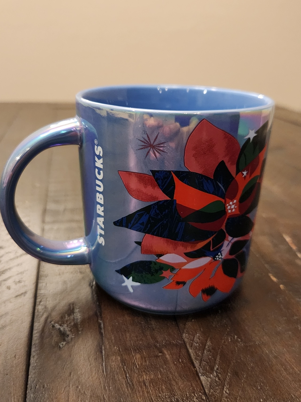 Starbucks 2023 Christmas Holiday Iridescent Blue Poinsettia Ceramic Mug (14 oz).